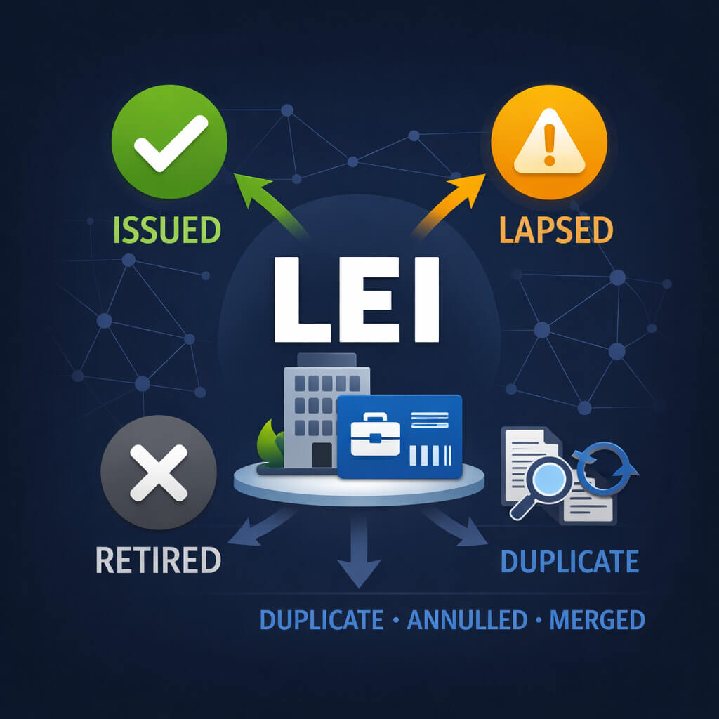 LEI 시스템에서 발급됨, 만료됨, 은퇴됨 및 예외 상태를 포함하여 LEI 상태가 중요한 이유를 설명하는 문서
