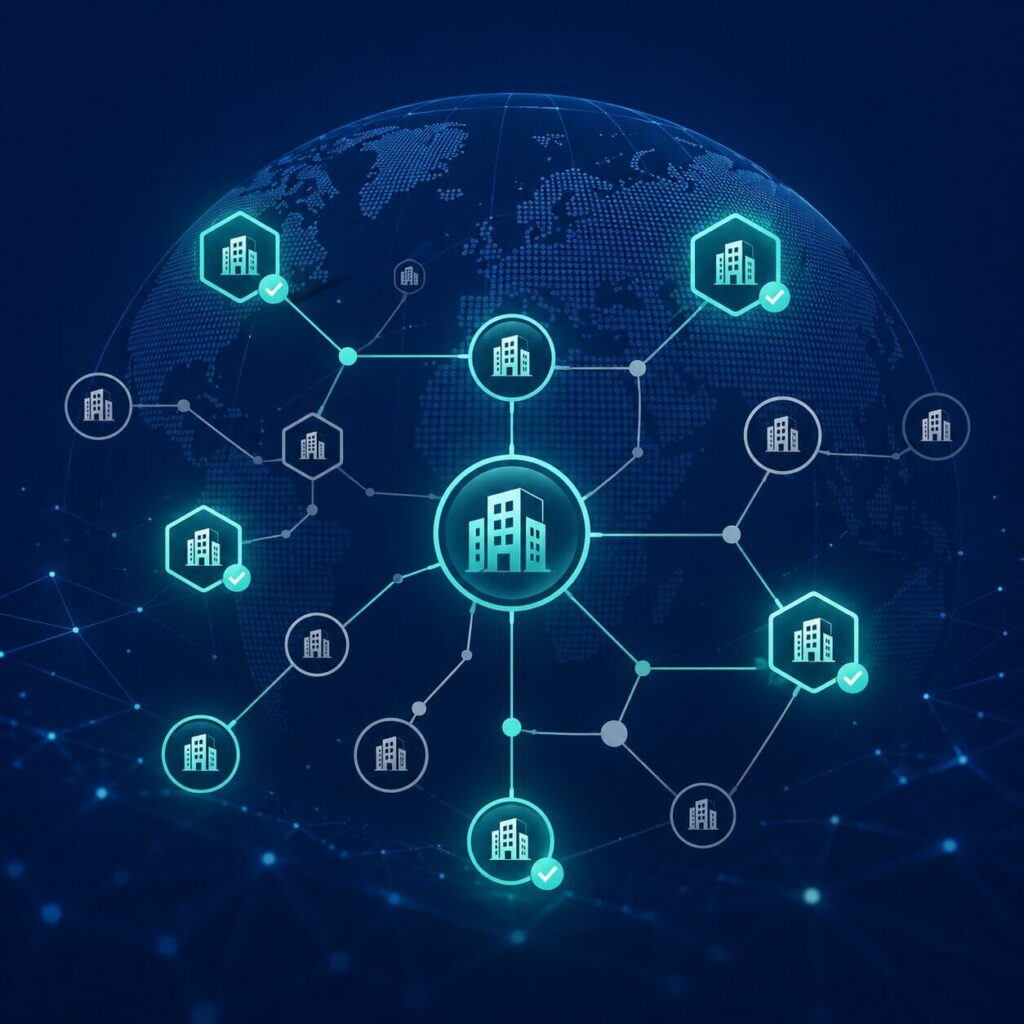 LEI 코드를 사용한 KYB 프로세스를 보여주는 검증된 법인 및 검증되지 않은 법인의 글로벌 네트워크
